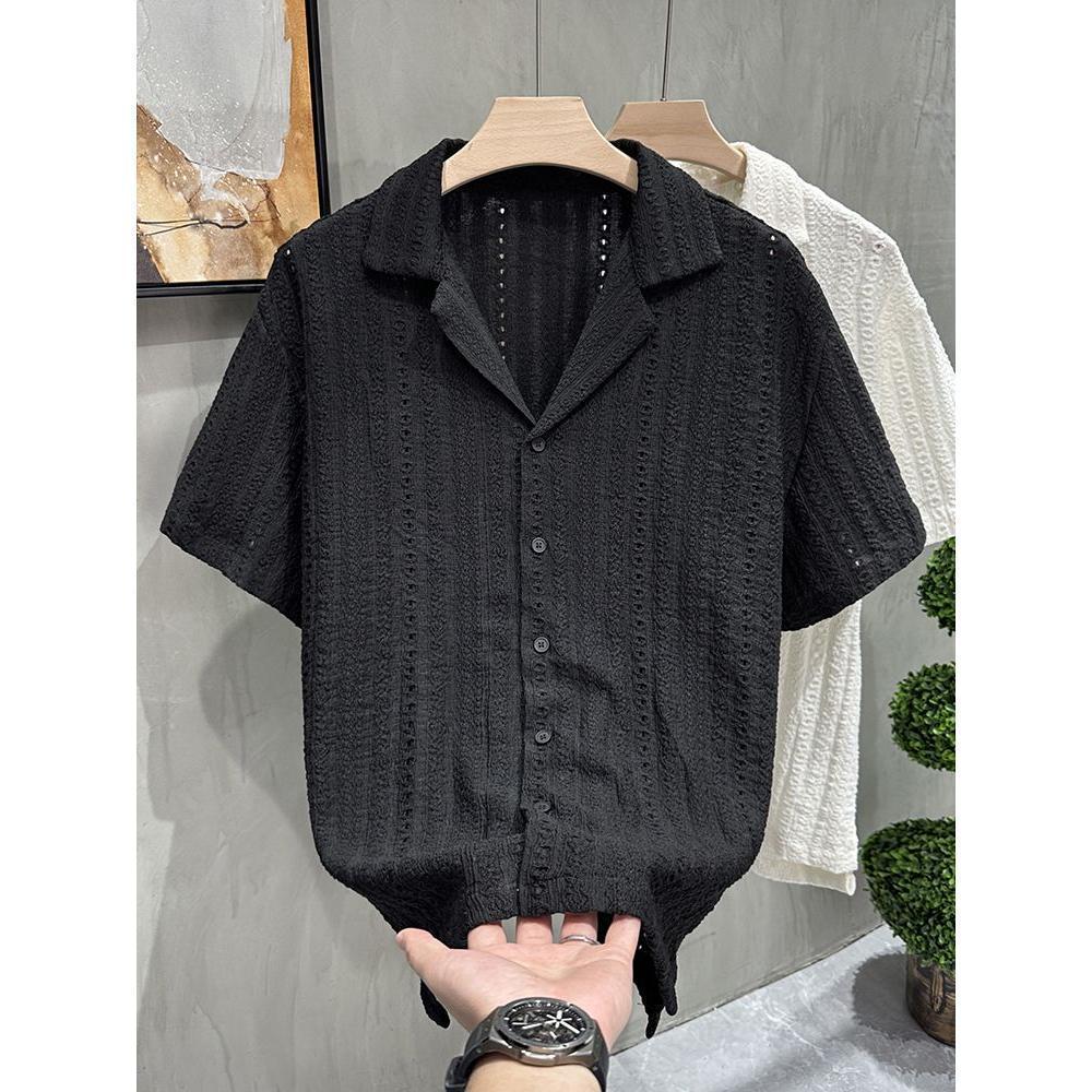 Men's Cool-Feel Cuban Collar Hollow-Out Short-Sleeve Shirt