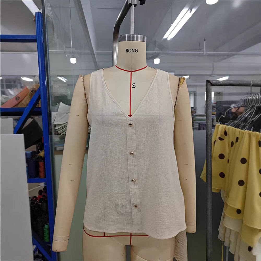 Women's Sleeveless V-Neck Button-Down Loose Top