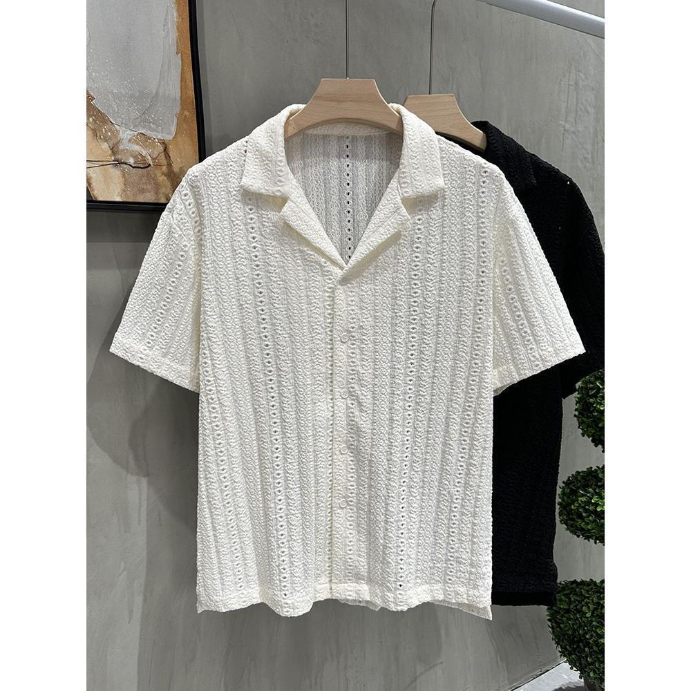 Men's Cool-Feel Cuban Collar Hollow-Out Short-Sleeve Shirt