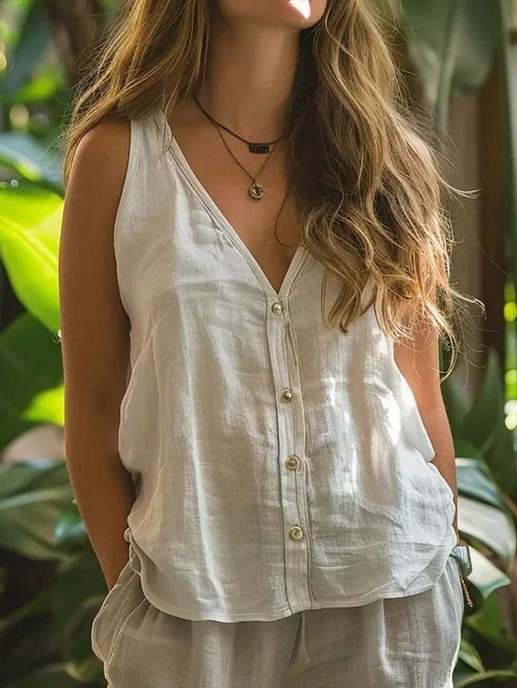 Women's Sleeveless V-Neck Button-Down Loose Top