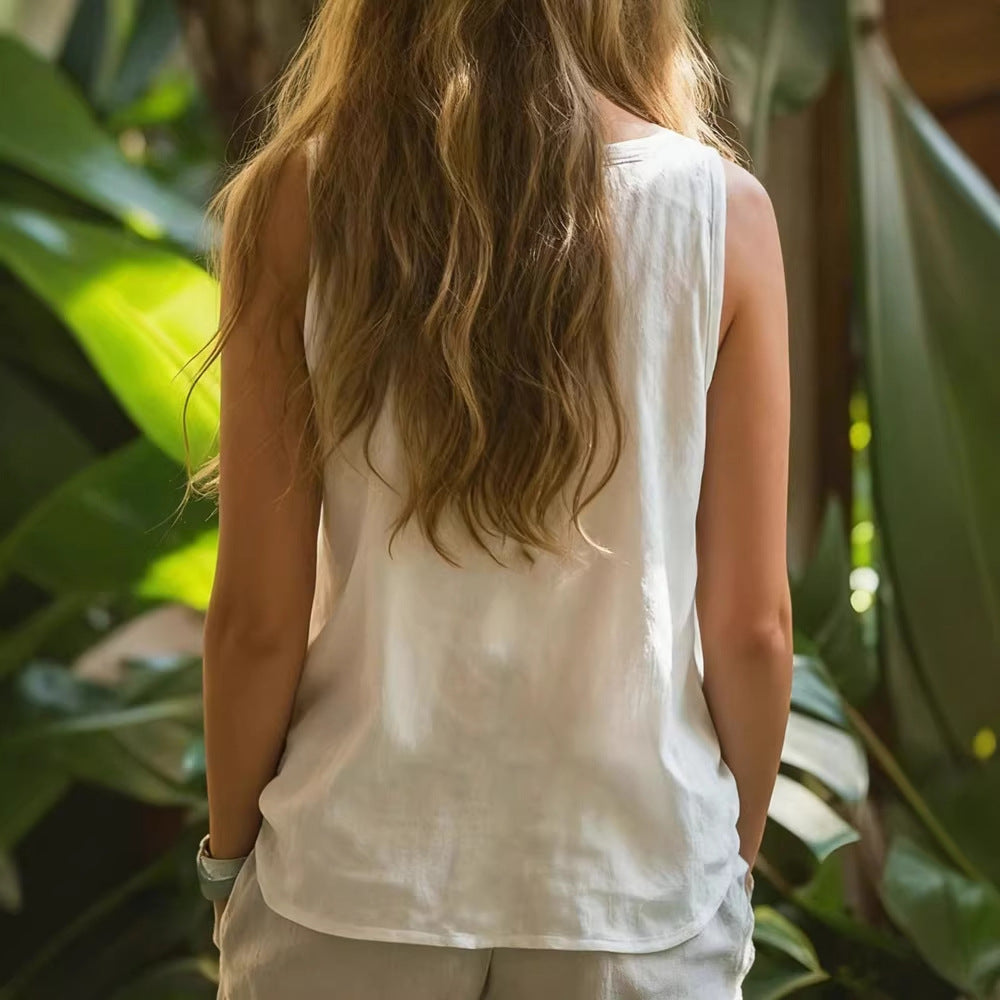 Women's Sleeveless V-Neck Button-Down Loose Top