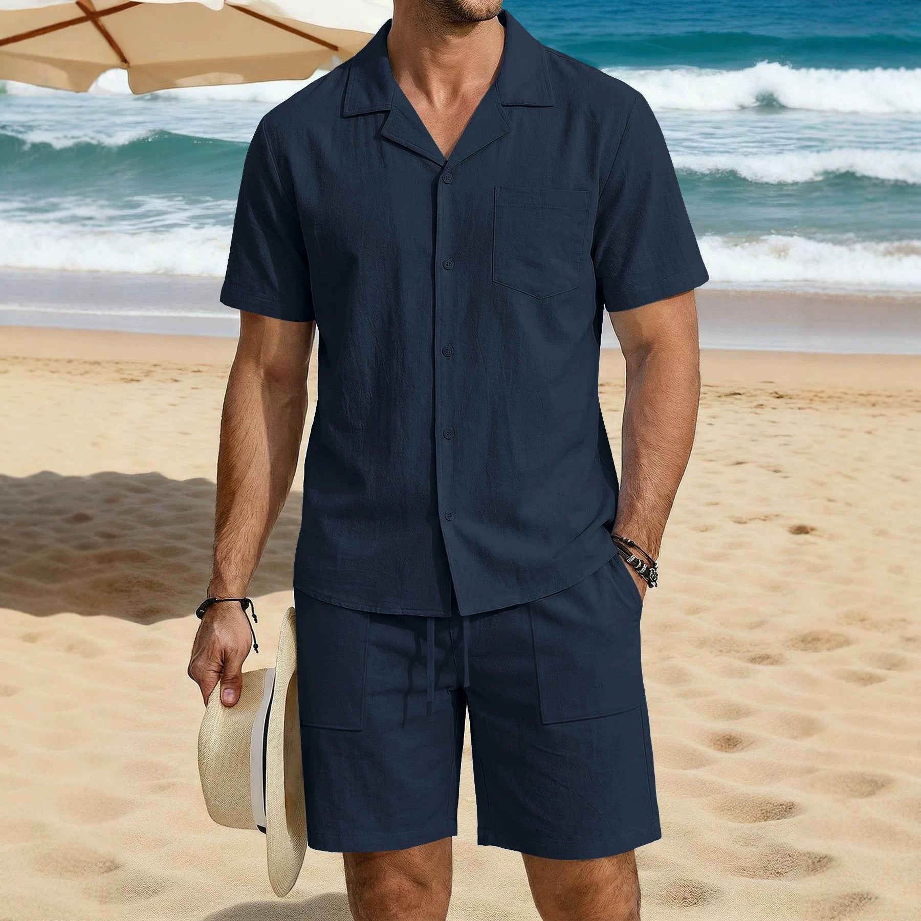 Men's Vacation Cotton-Linen Casual Loose-Fit Long-Sleeve Shirt And Beach Shorts Set