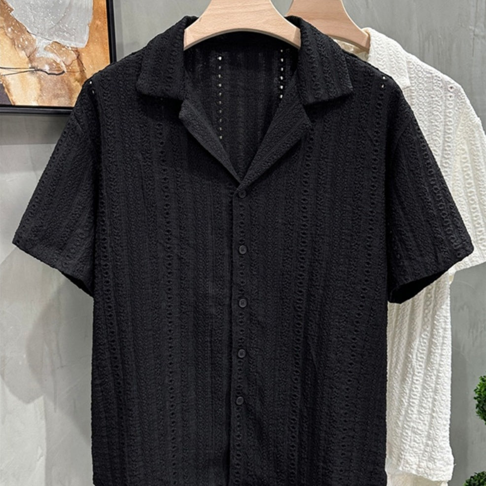 Men's Cool-Feel Cuban Collar Hollow-Out Short-Sleeve Shirt