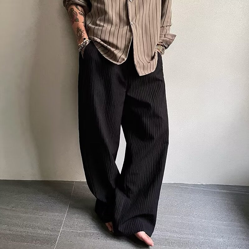 Mens Pleated Textured Wide-Leg Pants