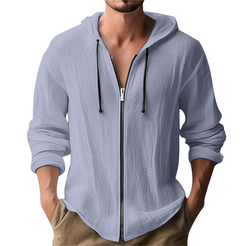 Digital-print Solid-color Linen Hooded Long-sleeve
